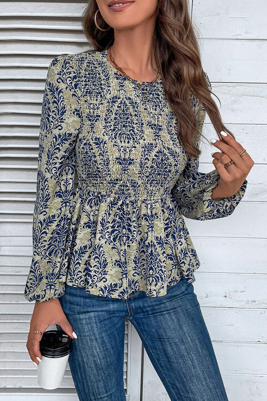 Sky Blue Boho Printed Balloon Sleeve Smocked Peplum Blouse