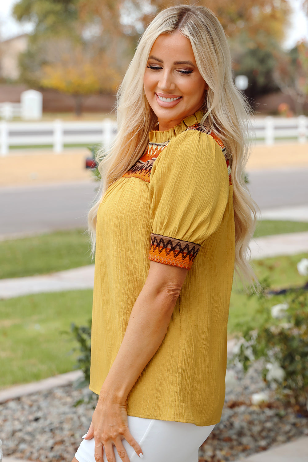 Mustard Geometric Short Puff Sleeve Frilled Collar Blouse