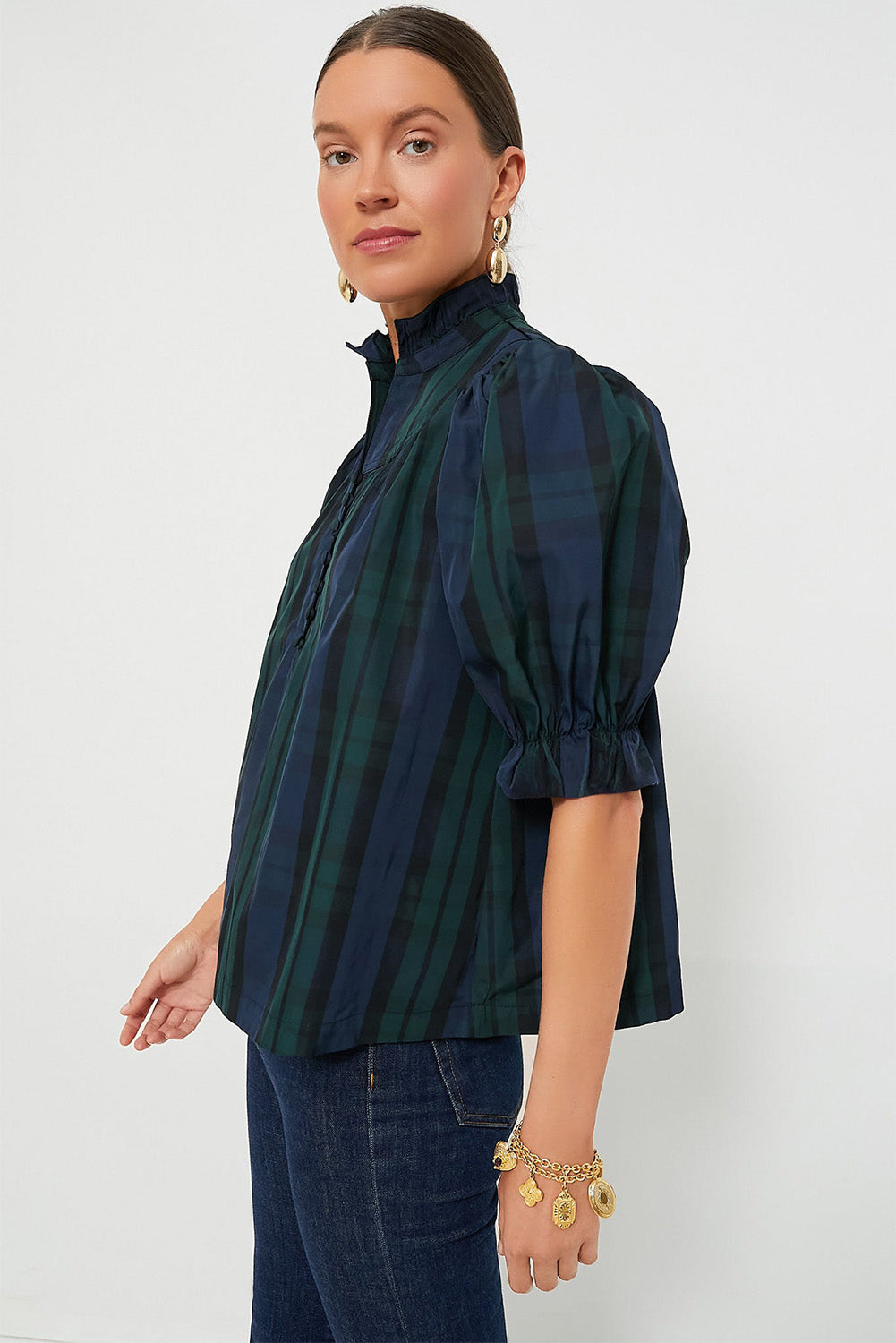 Green Stripe Plaid Puff Sleeve Frilled Trim Elegant Blouse