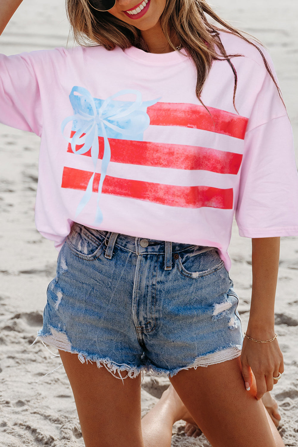 Light Pink Flag Bow Graphic Crewneck Tee