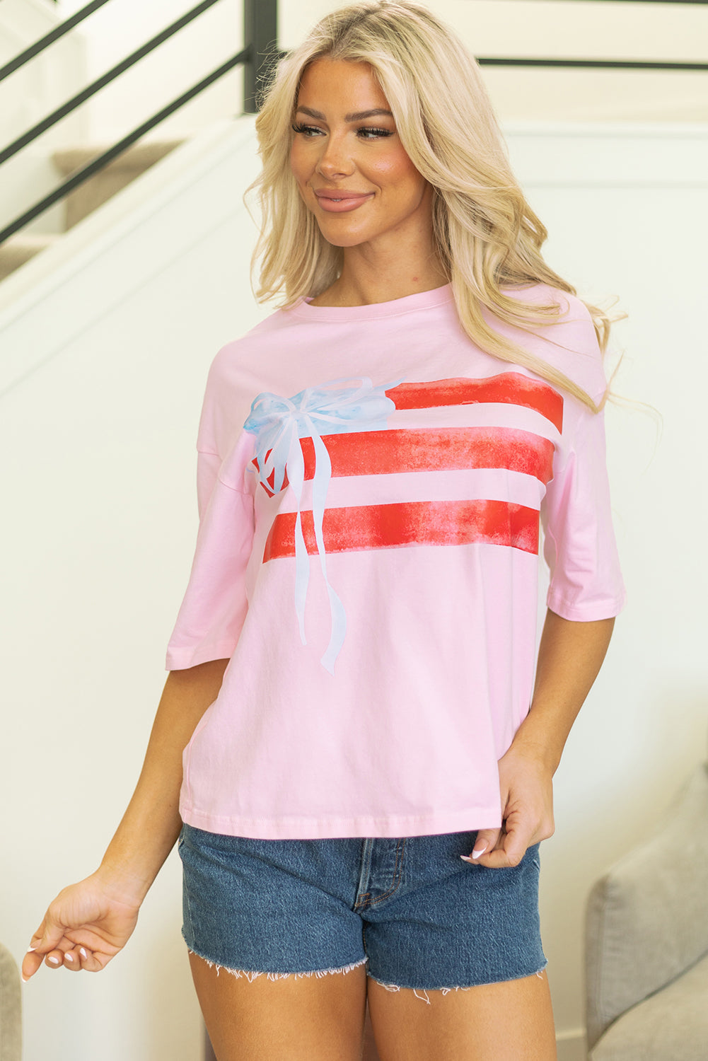 Light Pink Flag Bow Graphic Crewneck Tee