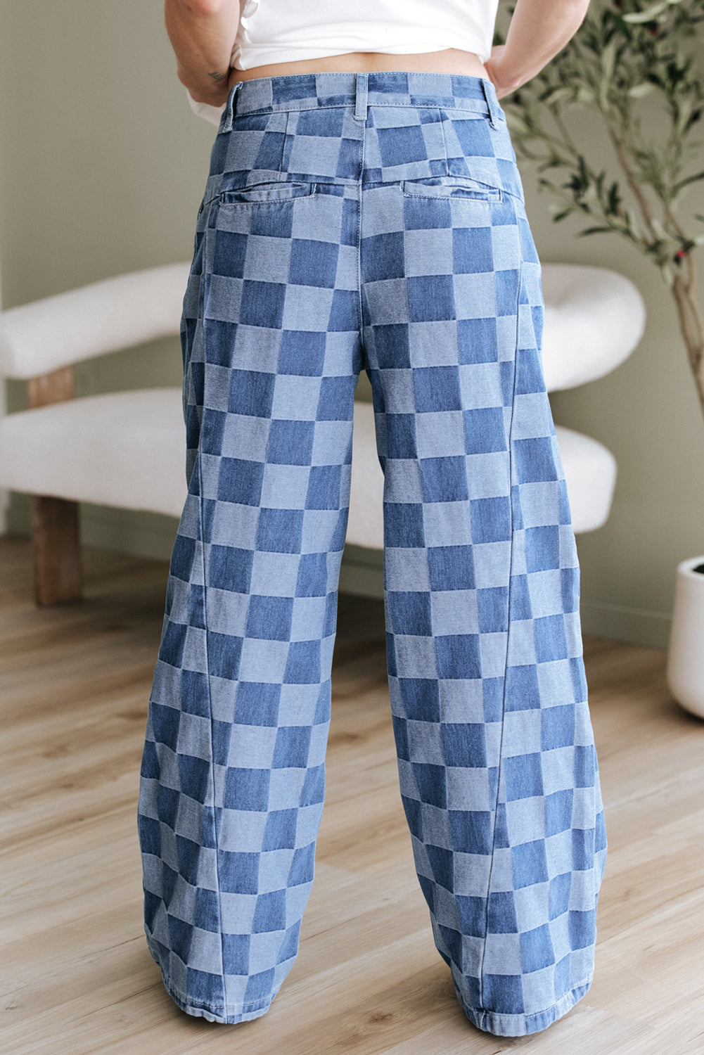 Dark Grey Checkered Denim Wide Leg Jeans