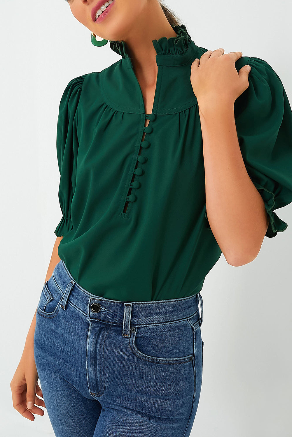 Green Stripe Plaid Puff Sleeve Frilled Trim Elegant Blouse