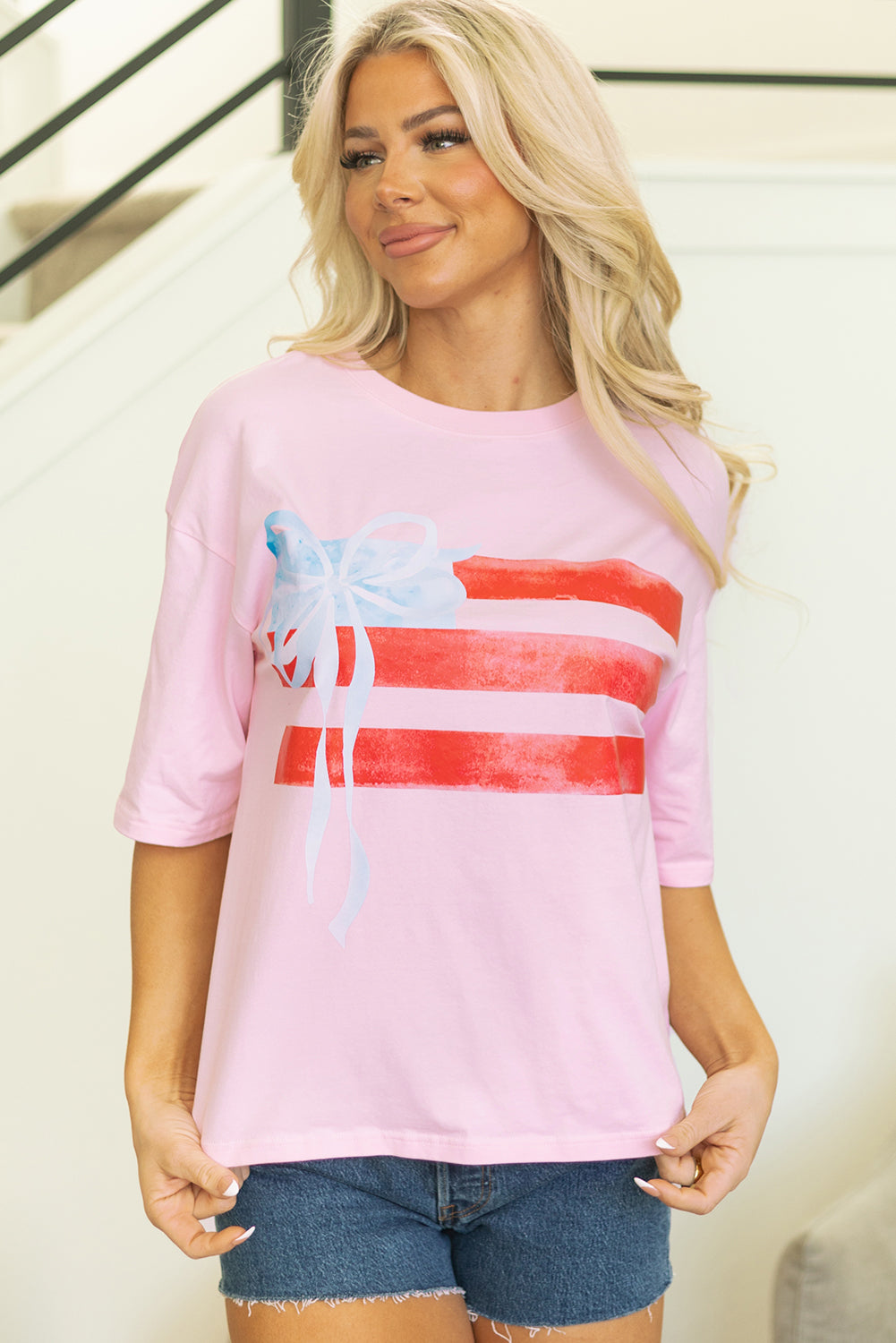 Light Pink Flag Bow Graphic Crewneck Tee