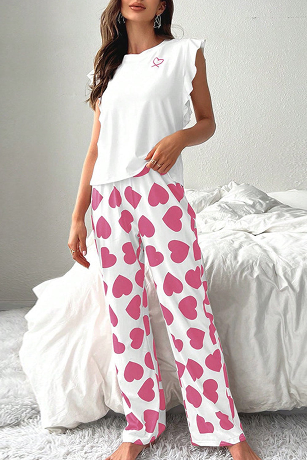 Pink Ruffled Tank Top And Heart Print Pants Lounge Set