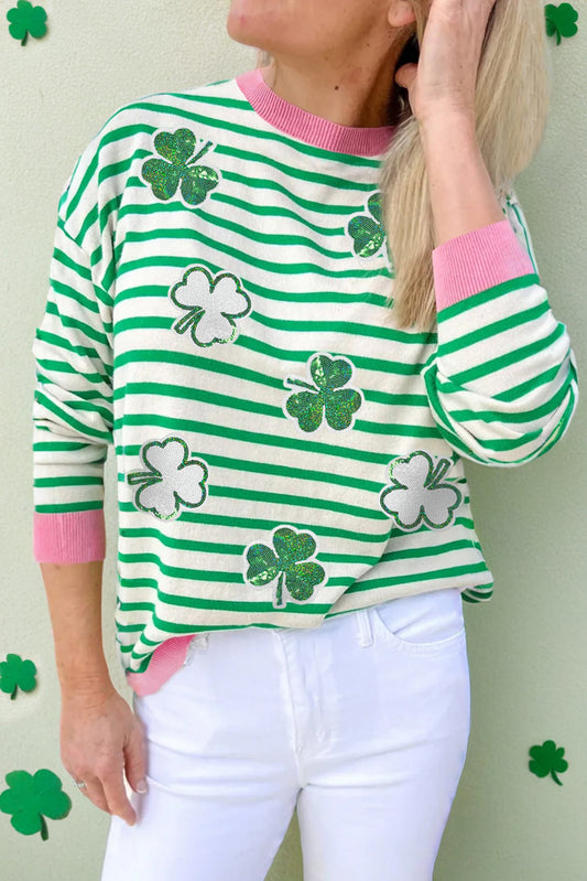 Bright Green Striped Sequin Clover Graphic Colorblock Long Sleeve St Patrick Top