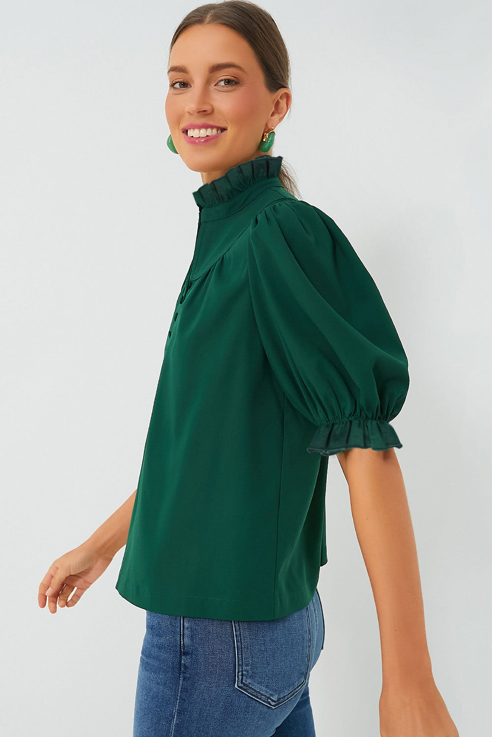 Green Stripe Plaid Puff Sleeve Frilled Trim Elegant Blouse