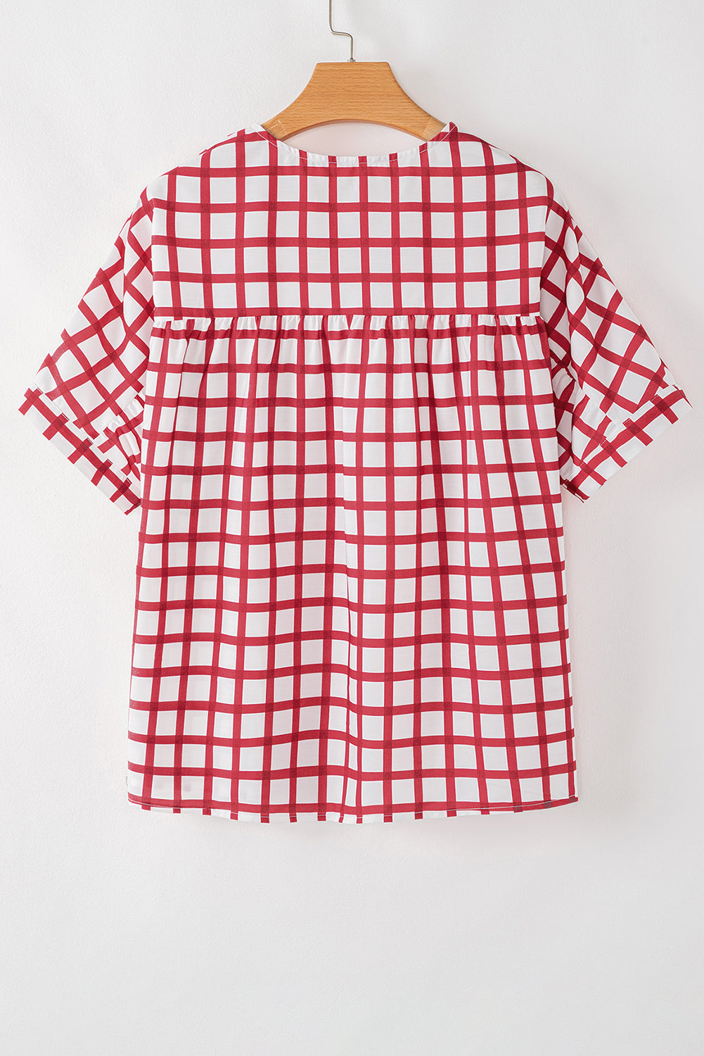 Red Stripe Plaid Button Placket Split Neck Half Sleeve Blouse