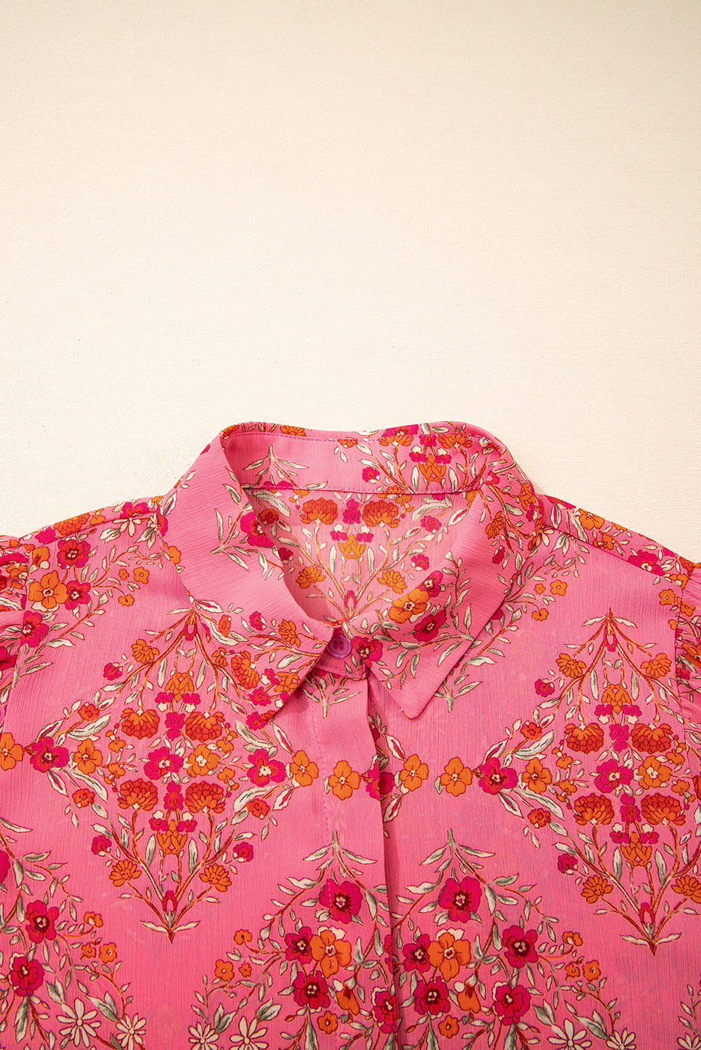 Rose Red Floral Print Wide Short Sleeve Loose Shirt