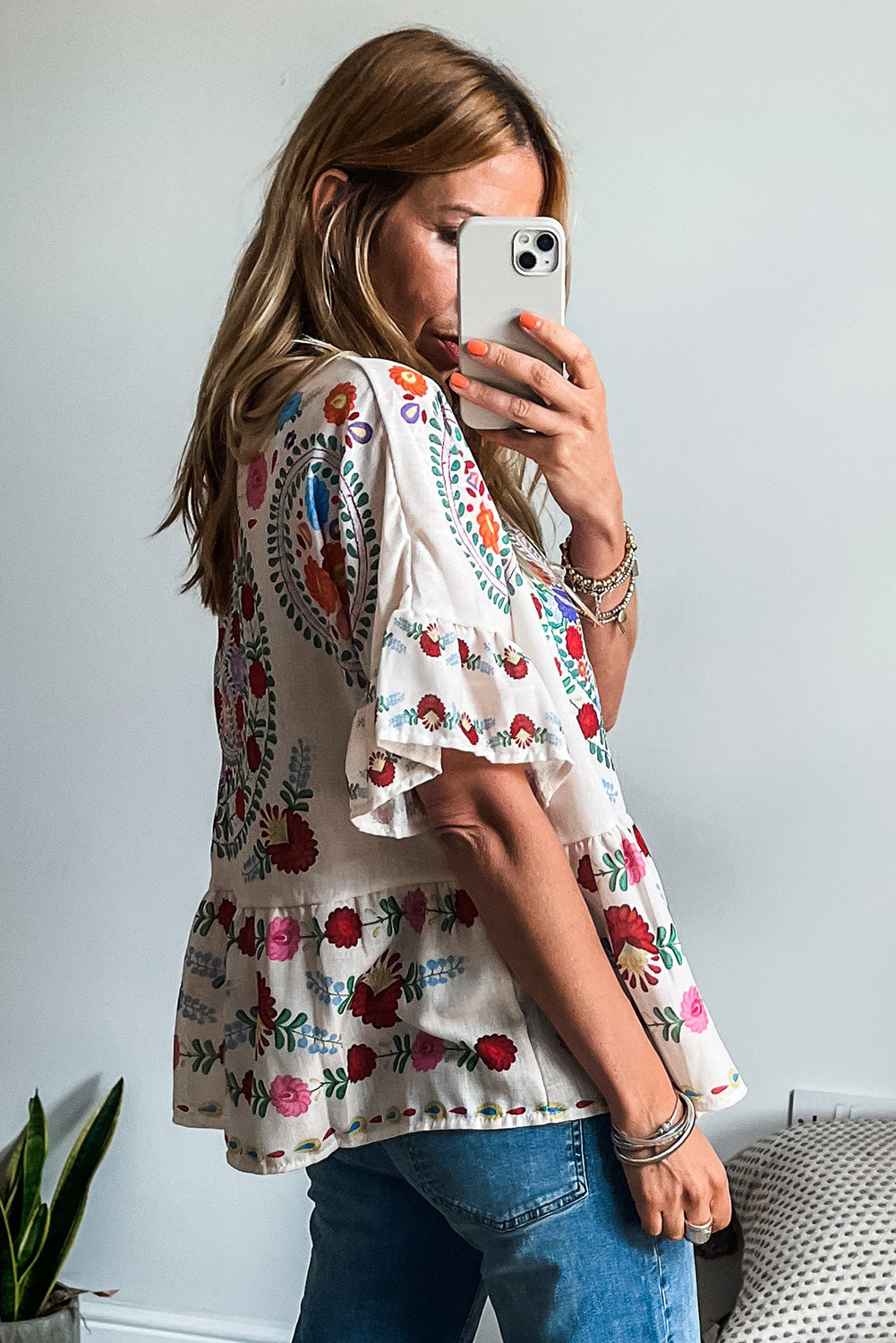 White Boho Floral Print Round Neck Ruffle Trim Blouse