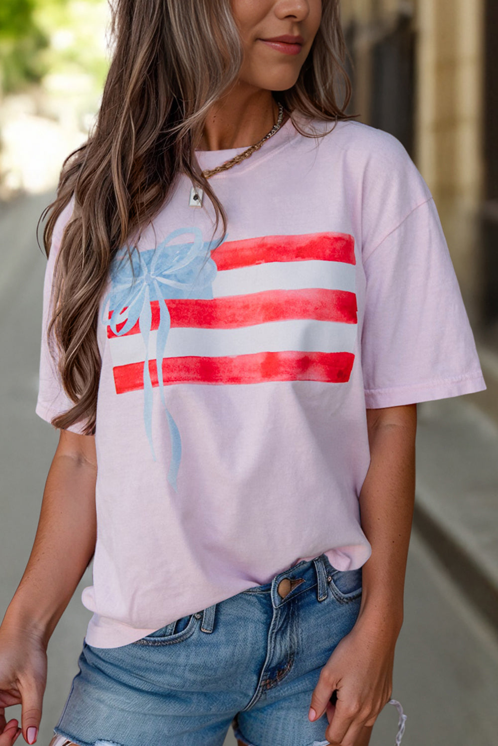 Light Pink Flag Bow Graphic Crewneck Tee