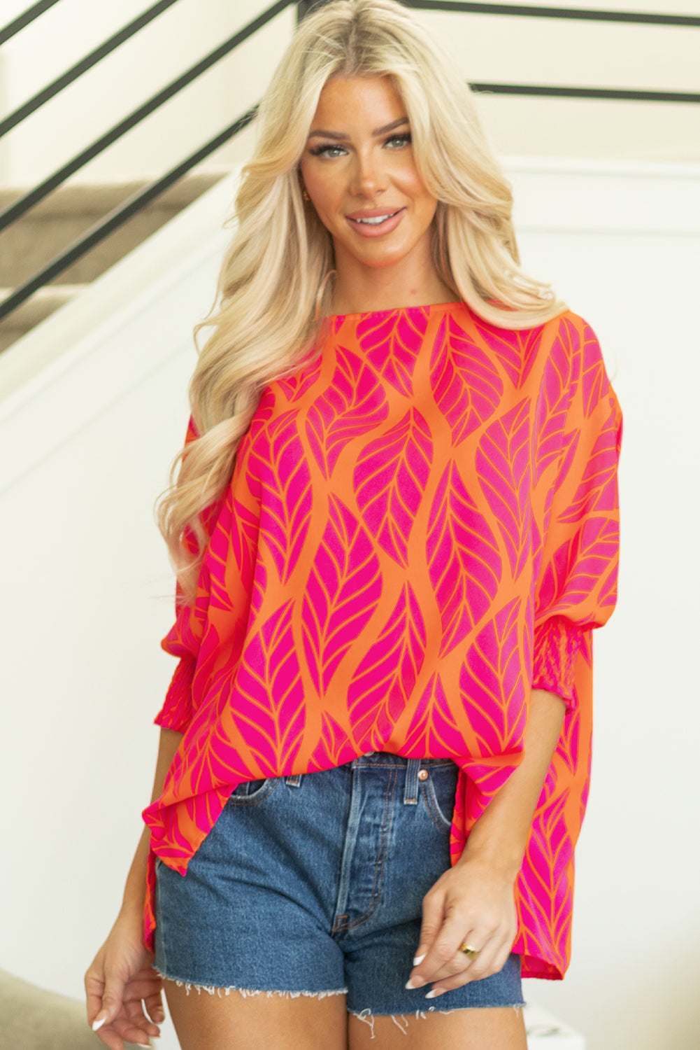 Rose Tropical Leaf Print Smocked Puff Sleeve Blouse