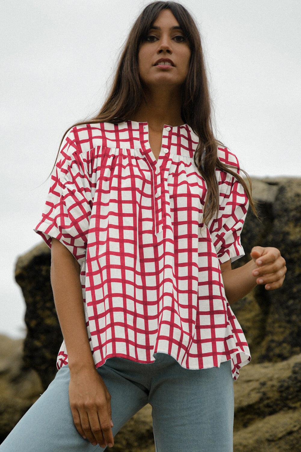 Red Stripe Plaid Button Placket Split Neck Half Sleeve Blouse