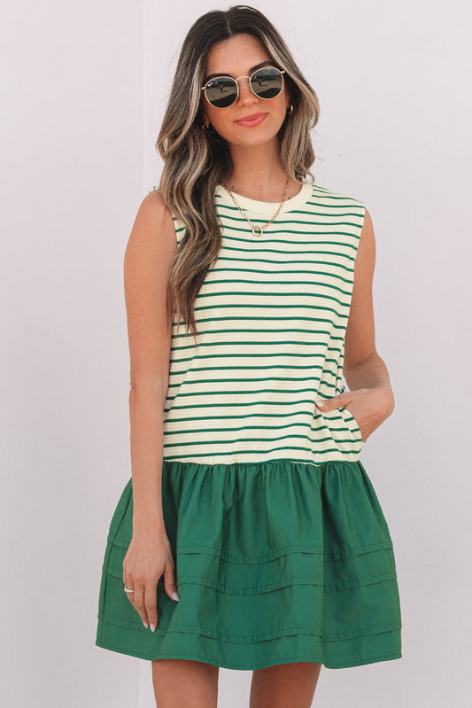 Green Stripe Woven Ruffled Sleeveless Mini Dress