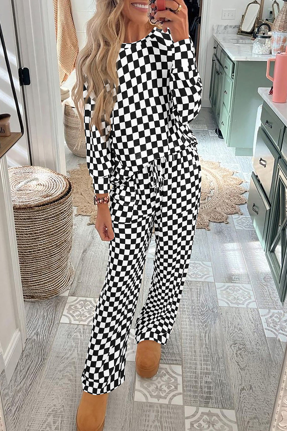 Beige Checkered Print Long Sleeve Top and Pants Lounge Set