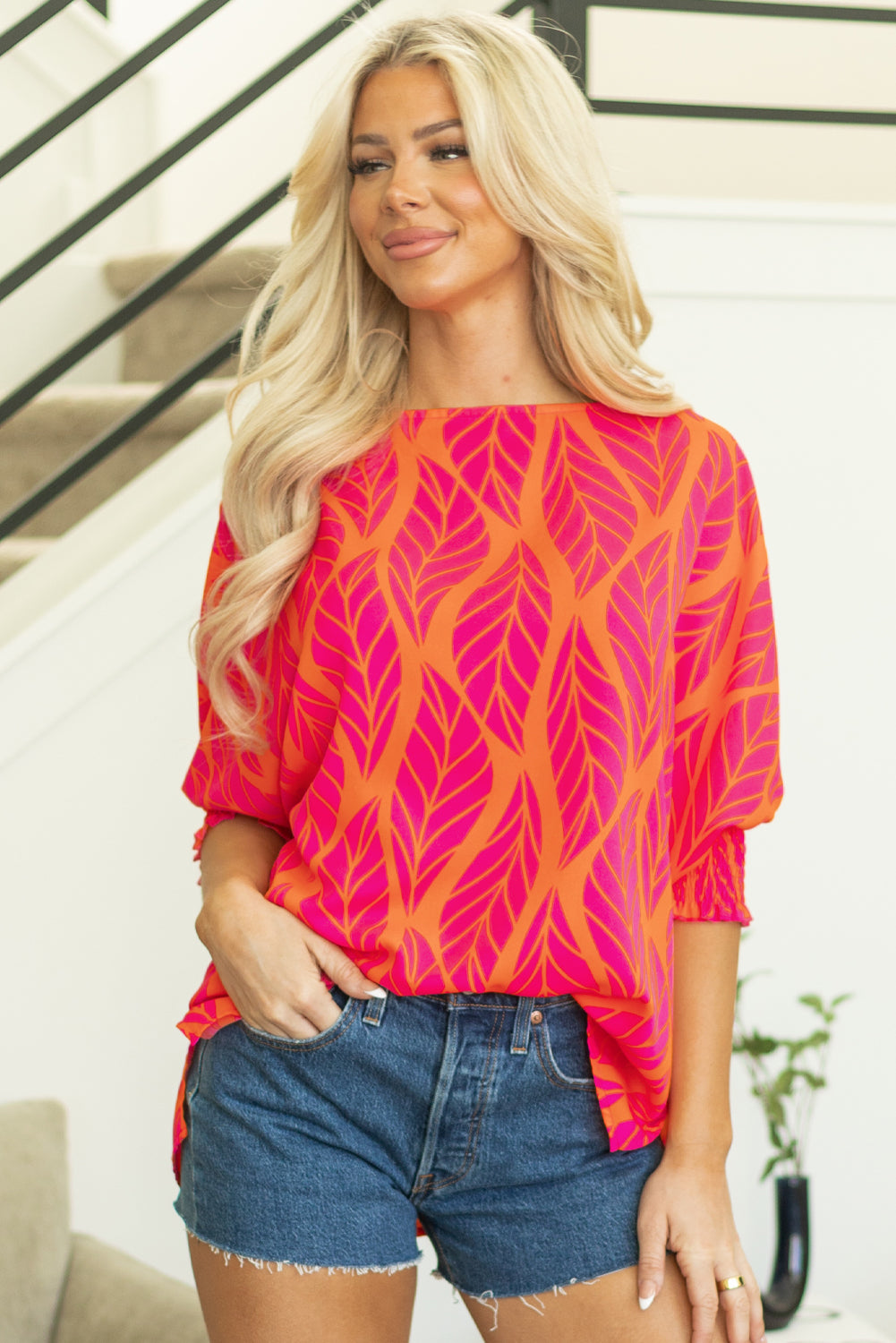 Rose Tropical Leaf Print Smocked Puff Sleeve Blouse