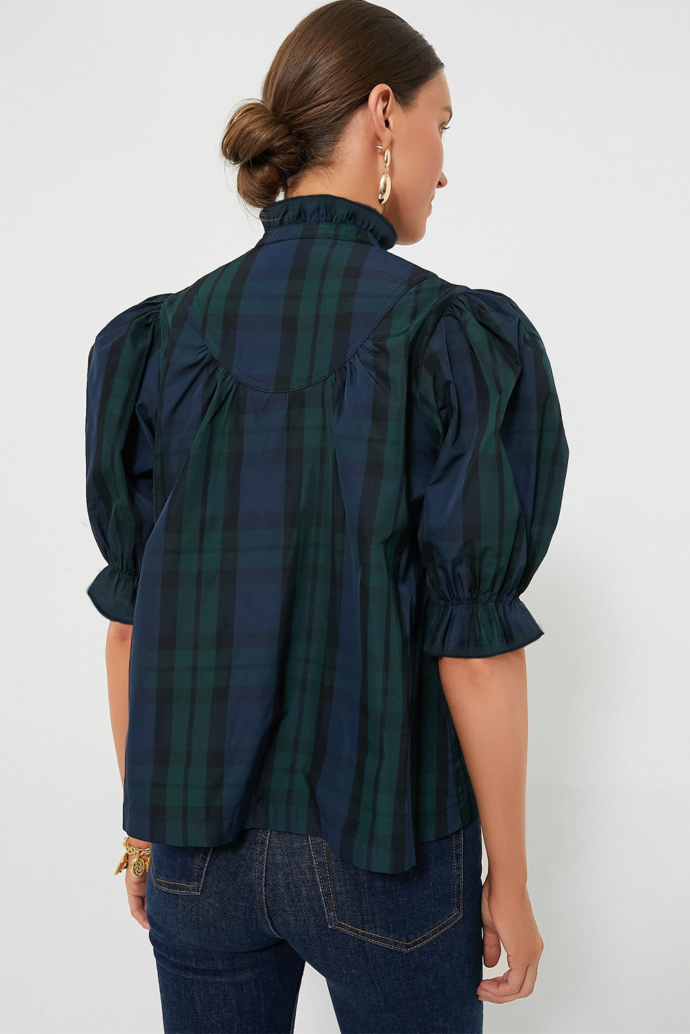 Green Stripe Plaid Puff Sleeve Frilled Trim Elegant Blouse