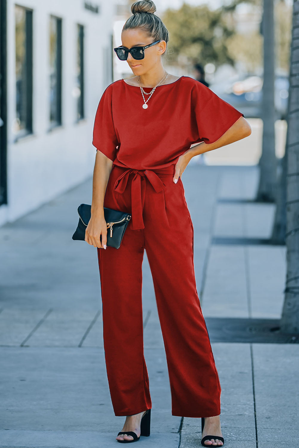 Fiery Red Belted Wide Leg Jumpsuit