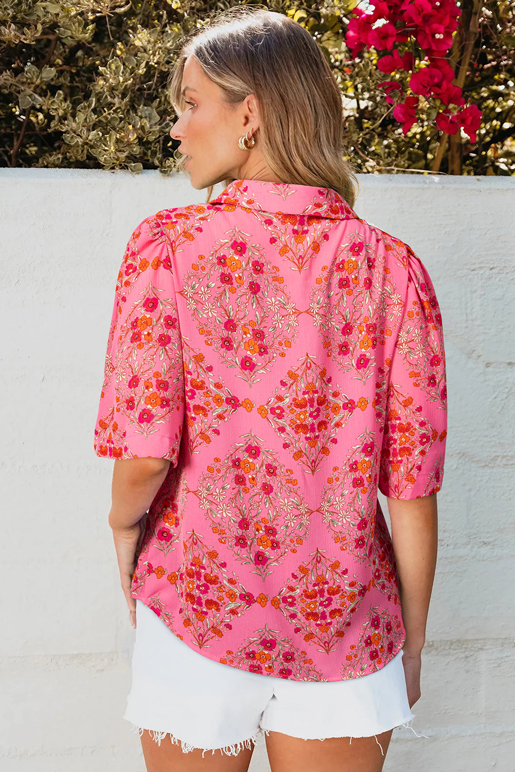 Rose Red Floral Print Wide Short Sleeve Loose Shirt