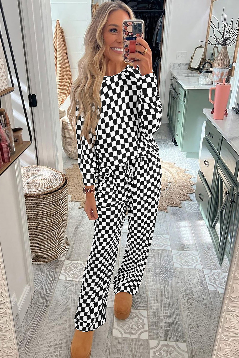 Beige Checkered Print Long Sleeve Top and Pants Lounge Set