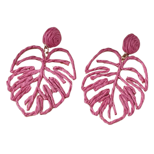 Hot PInk Leaf Woven Earrings