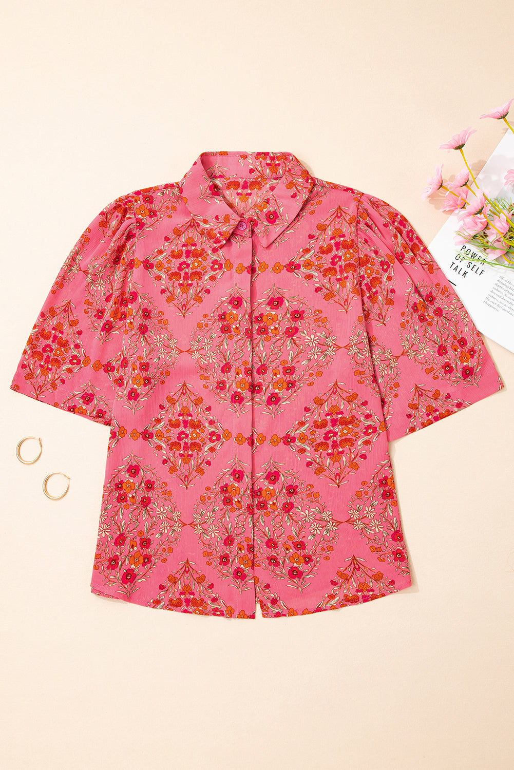 Rose Red Floral Print Wide Short Sleeve Loose Shirt