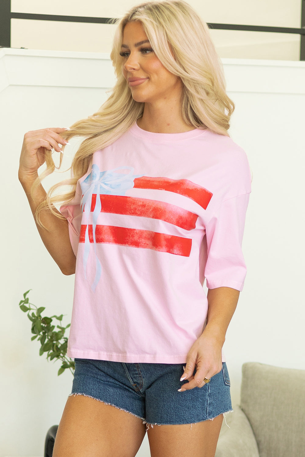 Light Pink Flag Bow Graphic Crewneck Tee