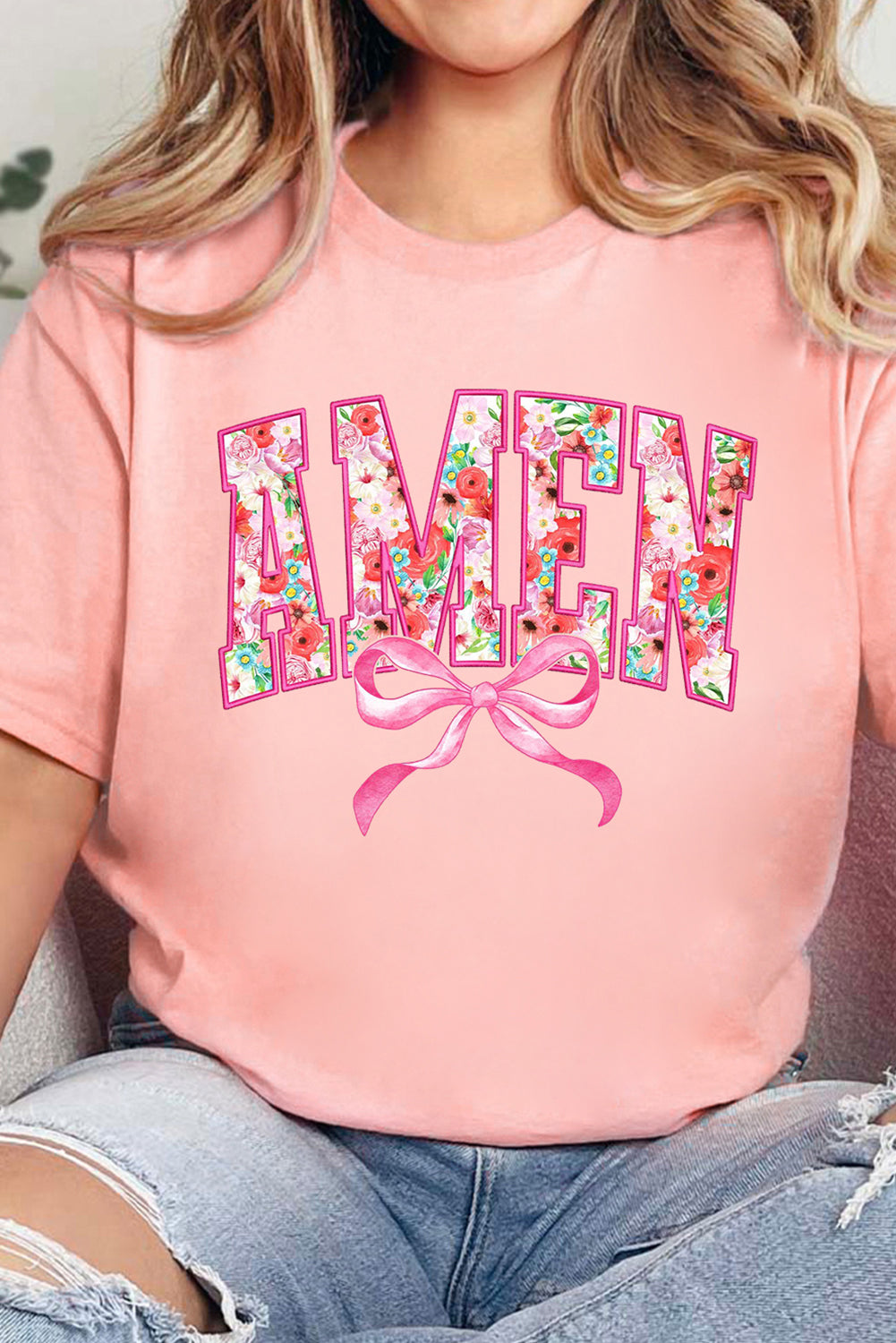 Pink Floral AMEN Bow Graphic Crewneck T Shirt