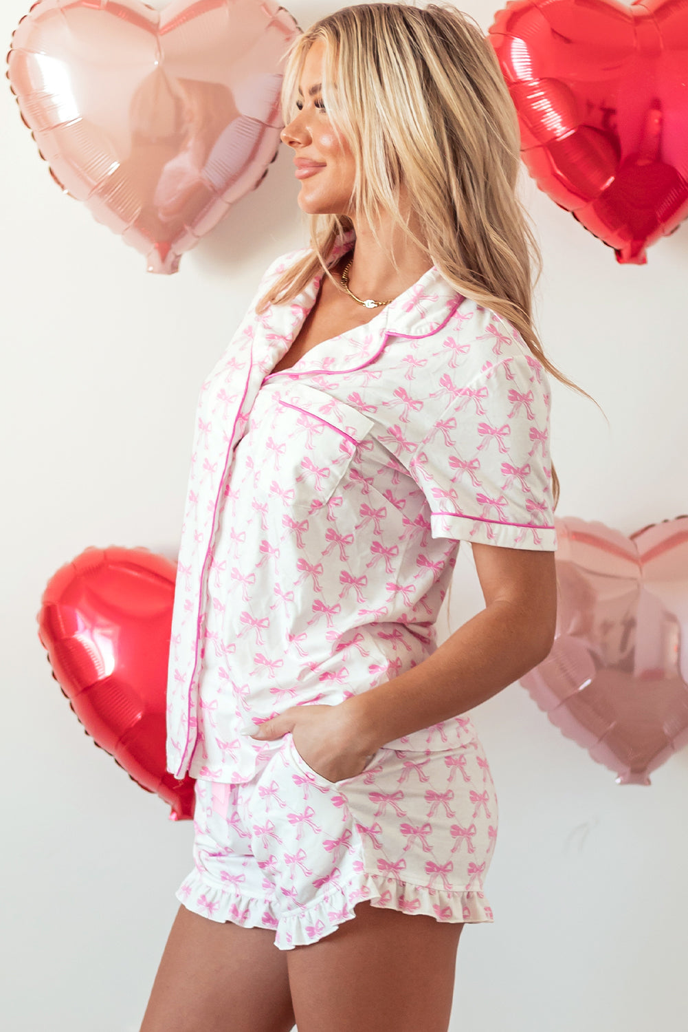 Green Clover Printed Short Sleeve and Ruffled Shorts Pajama Set