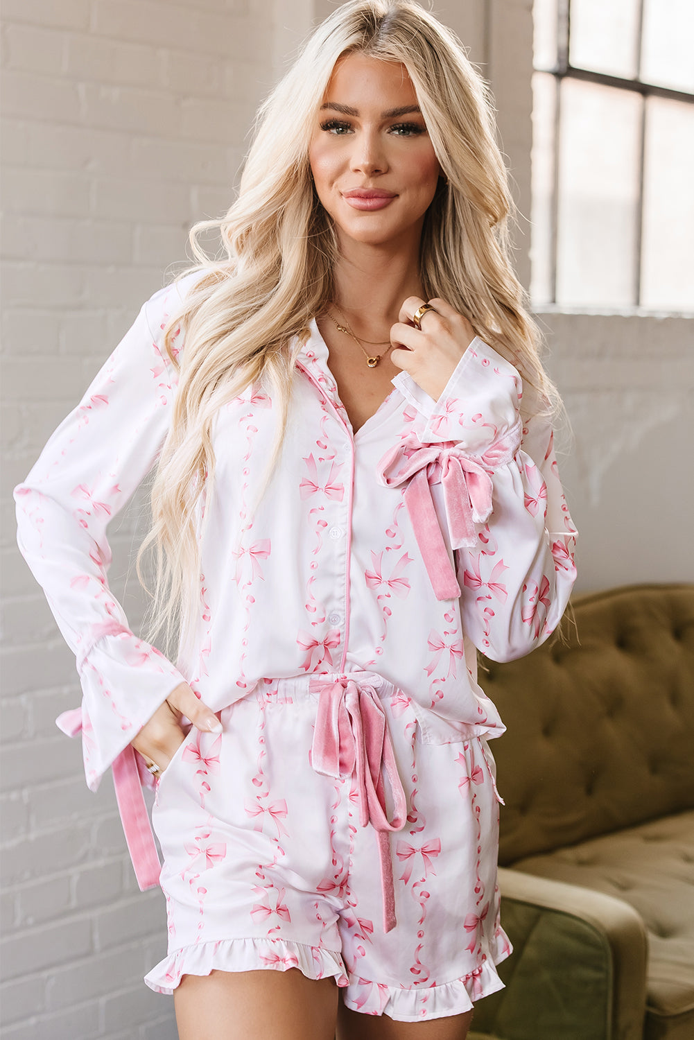 Pink Satin Bow Bell Sleeve Shirt and Ruffled Shorts Pajama Set