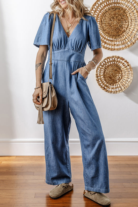 Ashleigh Blue V Neck Short Sleeve Smocked Back Denim Loose Jumpsuit