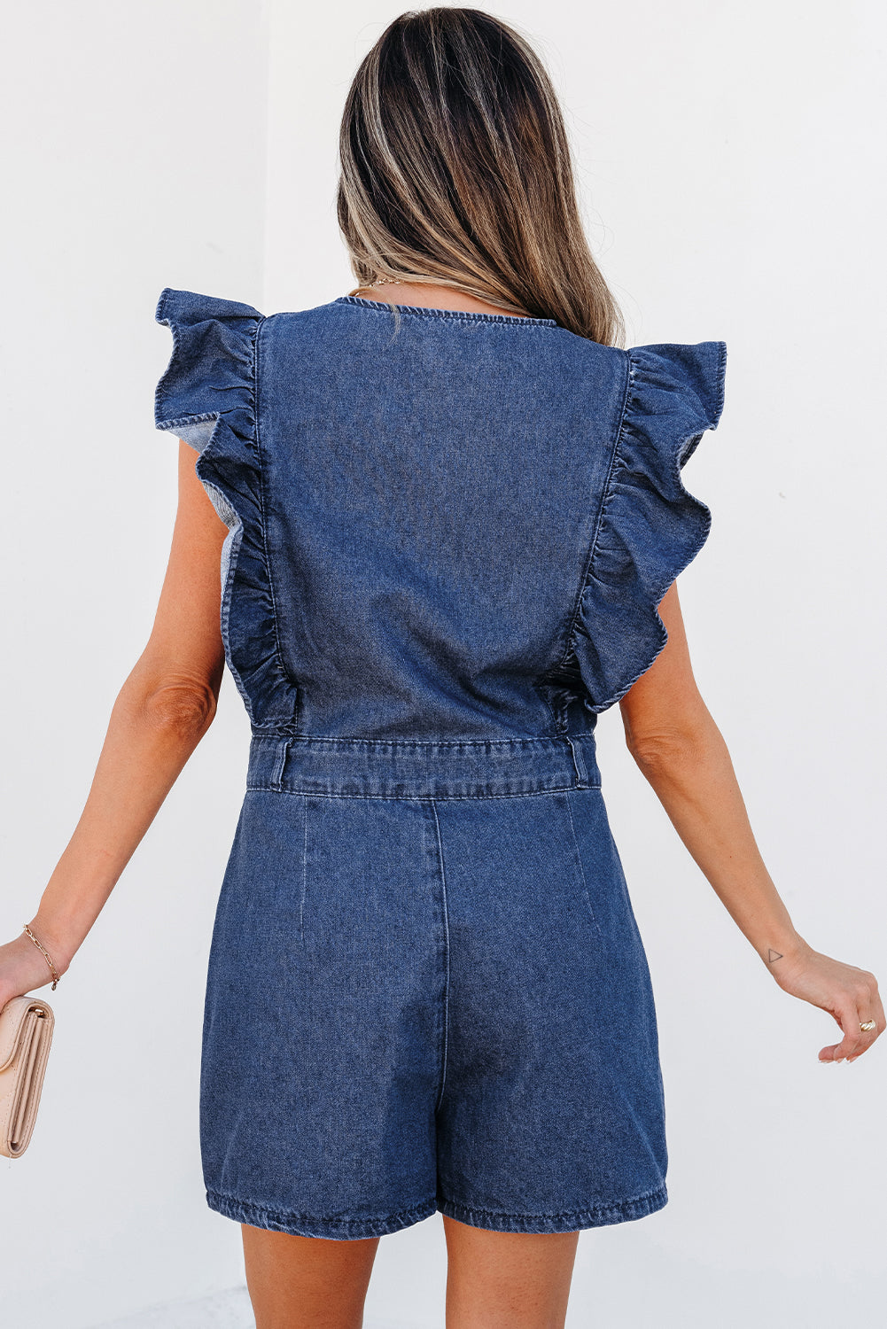 Sail Blue Denim Ruffled Zipped Front Belted Romper