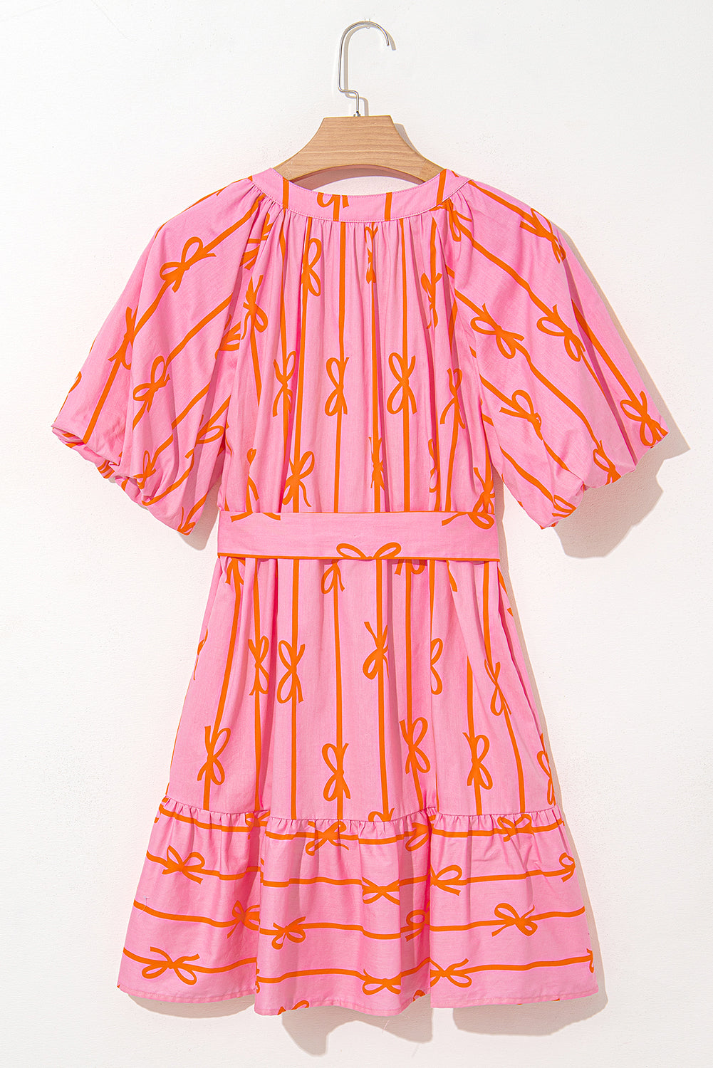 Pink Bowknot Striped Printed Bubble Sleeve Buttoned Belted Mini Dress